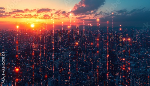 Wallpaper Mural A Futuristic Cityscape with Red Lights at Sunset Torontodigital.ca