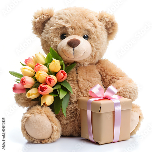 A beautiful teddy with gift box and flowers white background  (16) photo