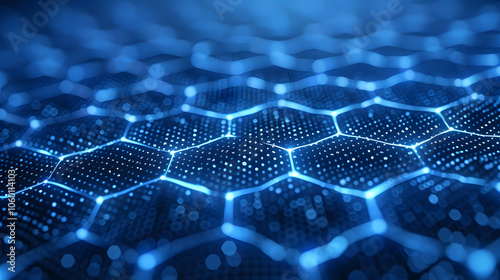 Abstract digital hexagonal pattern with glowing dots on a dark blue background, conveying a concept of technology