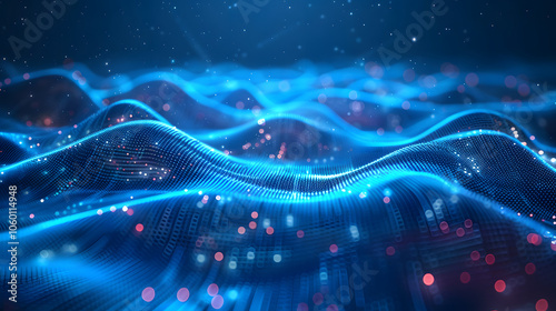 Abstract digital landscape with glowing lines and dots on a dark blue background, signifying a data concept