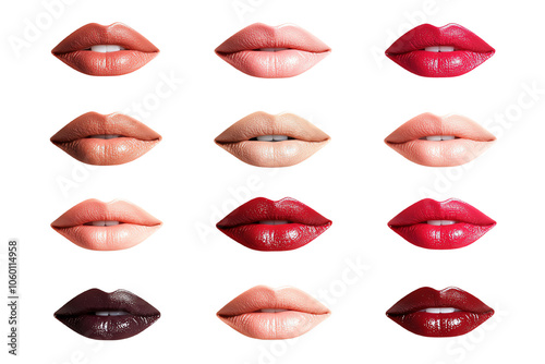 Collection of diverse lipstick shades on lips, showcasing beauty and makeup trends. photo