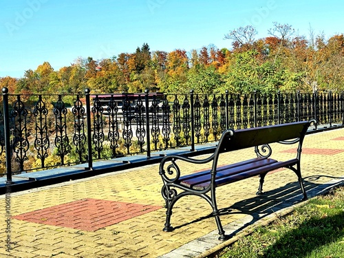 Bench on the observation deck overlooking the city
