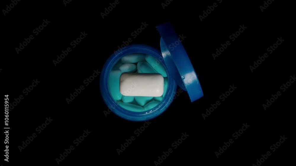 Overhead view of a single gum tablet swirling above an open blue container, creating a dynamic, floating effect against a dark background, emphasizing freshness and motion.