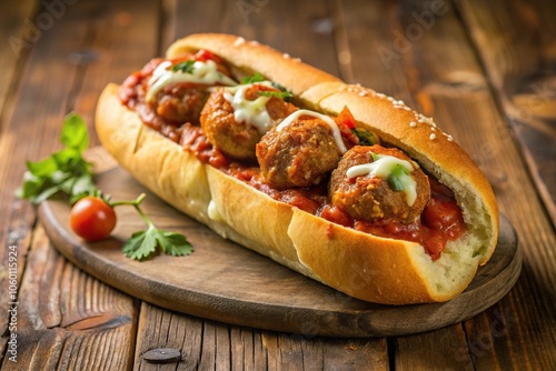 Classic cheesy meatball sub with homemade tomato sauce