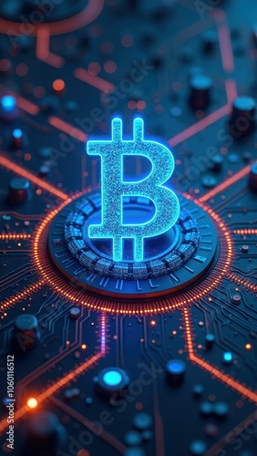 Bitcoin the printed circuit board is detailed with various electronic components and tracks