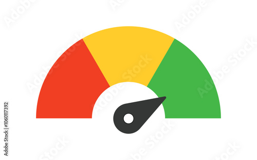 Speedometer, gauge meter icon. Scale, level of performance. Speed dial indicator . Green and red, low and high barometers, dashboard with arrows. Vector illustration.