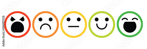 Emotional scale. Mood indicator, customer satisfaction survey and colored emotions indication, emoji barometer indicators rating. Vector illustration.