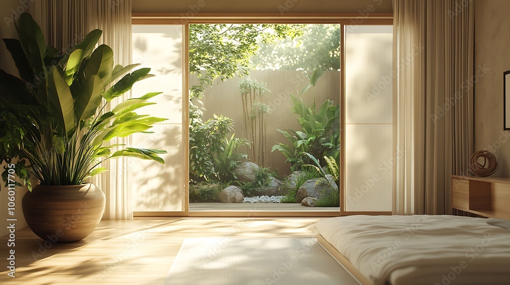 Fototapeta premium Serene interior with lush green view a blend of nature and comfort