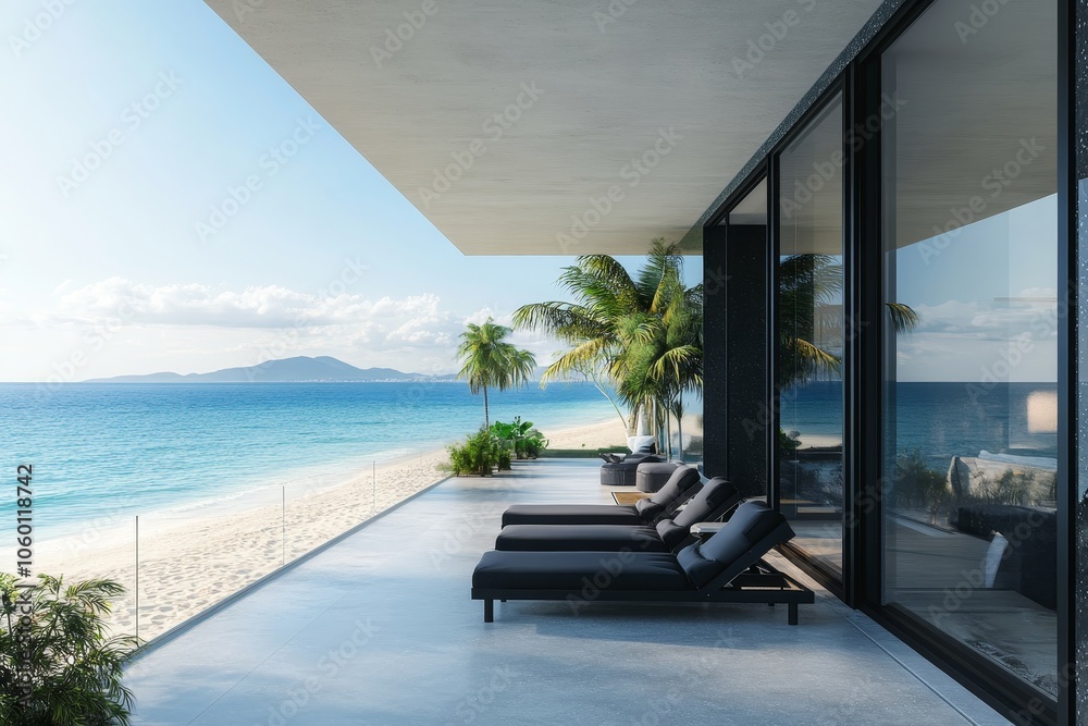 Fototapeta premium Modern studio mockup featuring panoramic sea views from a black balcony room on the terrace