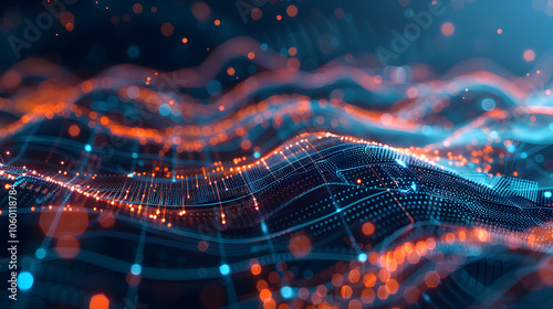 abstract financial chart with dynamic lines and geometric shapes on a dark blue background, concept of data analysis