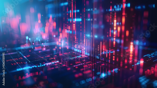abstract financial chart with dynamic lines and geometric shapes on a dark blue background, concept of data analysis