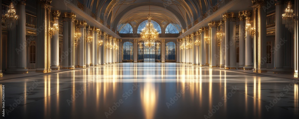 Obraz premium Elegant grand hall showcasing vast open space, exuding luxury and sophistication in a stunning still moment.