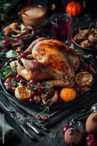 Festive thanksgiving dinner with roasted turkey and seasonal harvest garnishes DrinksGiving photo