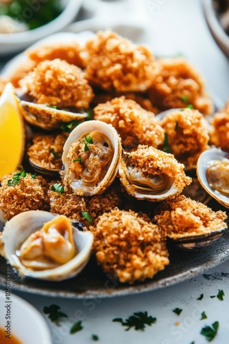 Crispy baked clams with lemon wedges and fresh herbs for a delightful seafood appetizer National Deep Fried Clams Day photo