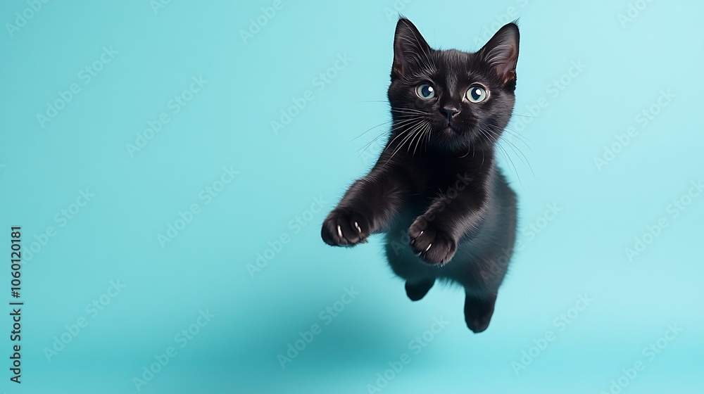 Fototapeta premium Playful black cat leaping in mid-air against a bright background
