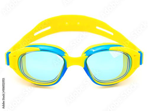 A pair of yellow and blue swimming goggles resting on a flat surface, ready for use in the water.