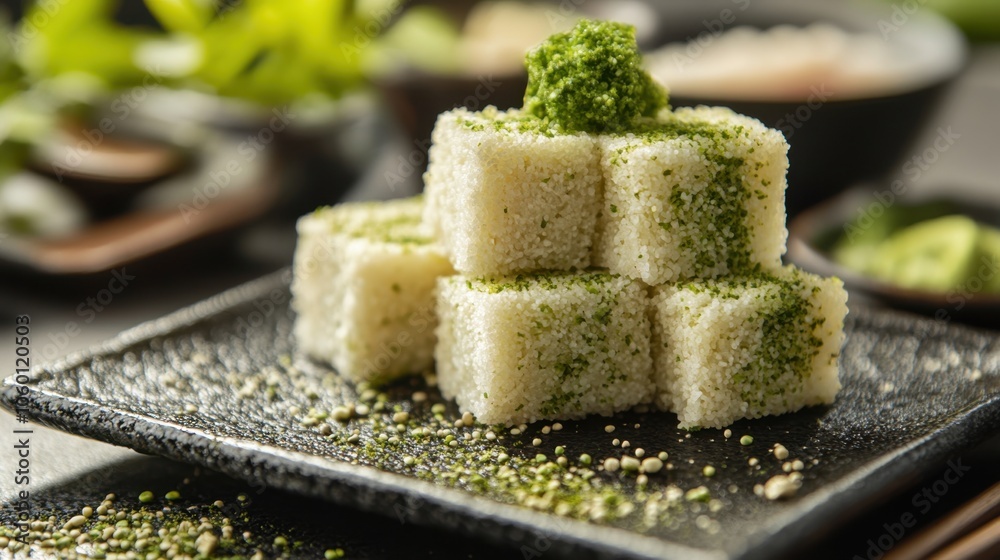 Steamed rice cakes with green matcha powder on elegant black plate Cook Something Bold and Pungent Day Steamed rice cakes with green matcha powder on elegant black plate Cook Something Bold and Pungent Day