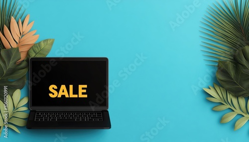 Laptop on blue background with tropical leaves promoting a sale. Black Friday sales, photo