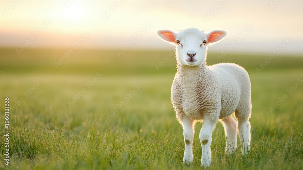 Fototapeta premium A small white sheep stands in a field of grass