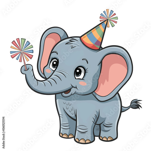 A cute elephant vector cartoon illustration with the elephant wearing a party hat and holding a party popper