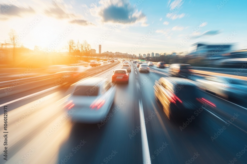 Fototapeta premium Highway driving scene showing a steady flow of vehicles and clear lane markings under a bright blue sky