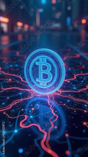Bitcoin digital symbol, glowing blue, standing vertically on a surface resembling a network of interconnected lines and nodes.