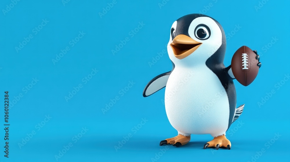 Obraz premium Cheerful Penguin Holding a Football