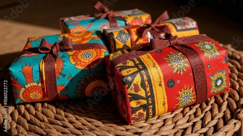 Traditional Kwanzaa Zawadi gifts wrapped in African textiles on ceremonial Mkeka mat photo