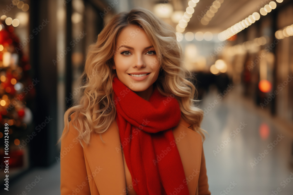 White young woman enjoying Christmas shopping in a festive indoor market setting