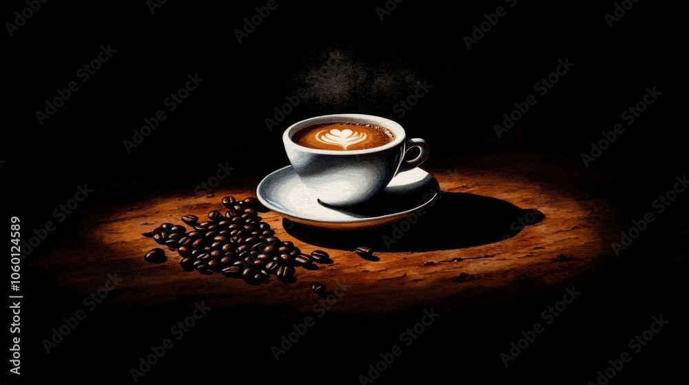 Obraz premium Steaming Cup of Coffee on Rustic Wooden Table