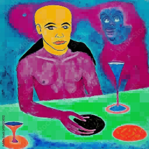 Man sitting at a table with a wine glass. Abstract Art, Vector pixelated illustration. Rectangular design.