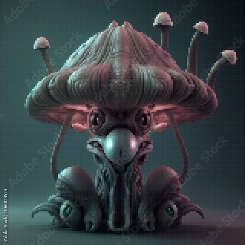 Fantastic mushroom creature. Vector pixelated illustration.
