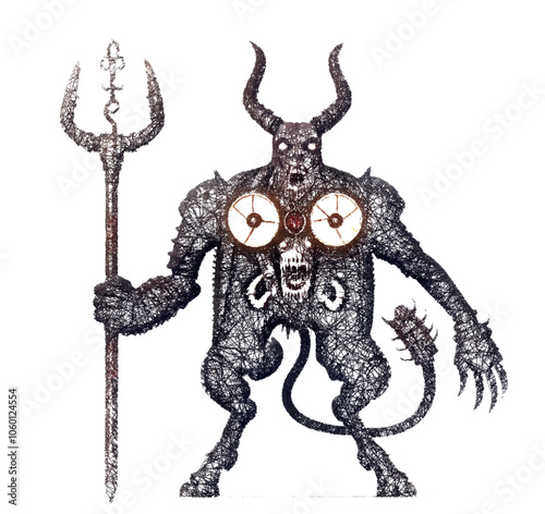 Biomechanical Monster with horns and big yellow eyes and tail holding a trident. Scribble sketch. Linear Vector illustration.