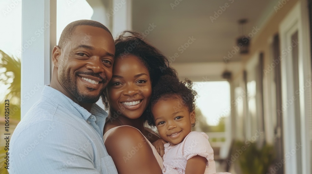 Obraz premium A joyful family portrait featuring parents and their young daughter smiling together.