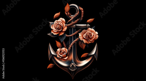 Anchor and Roses with Copper Leaves on Black Background