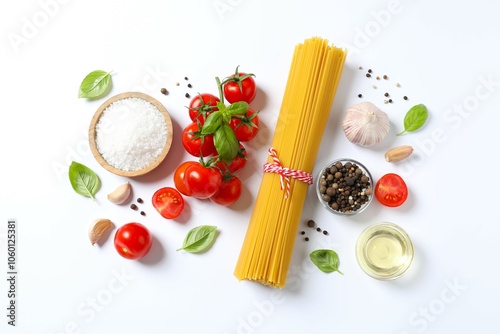 Composition with pasta and cooking ingredients on white background, top view