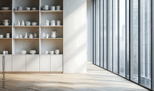  White home kitchen interior with cooking cabinet, window. Mockup wall 