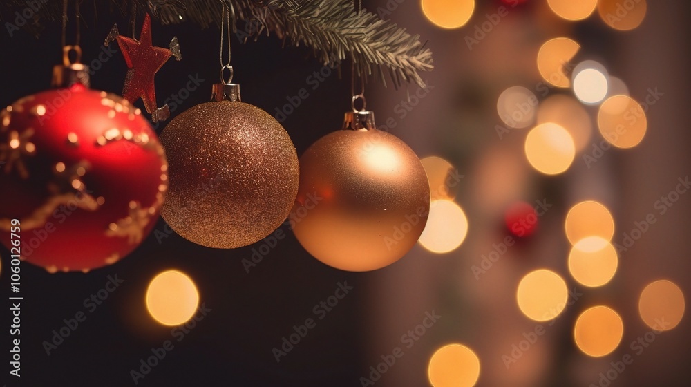 Obraz premium Festive Christmas Ornaments Hanging on a Tree