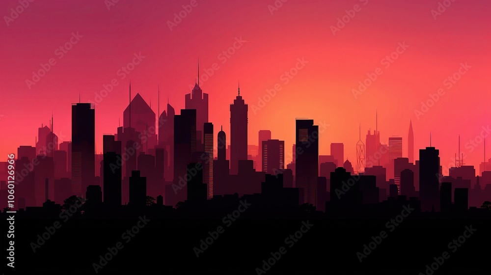 Fototapeta premium Silhouette City Skyline Against Pink Sunset