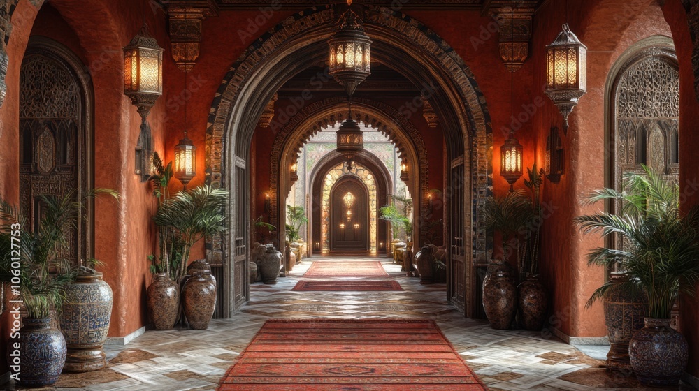 Obraz premium Elegant corridor with arches, lanterns, and decorative pots.