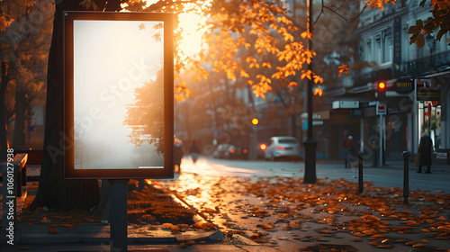 An outdoor blank advertising board in an urban setting, realistic style, autumn background, concept of branding photo