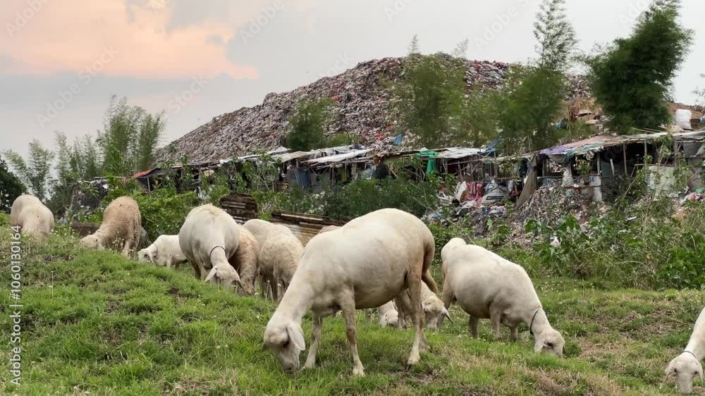 flock of sheep eating grass near the landfill