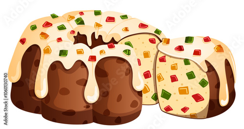Cut Tutti Frutti Bundt Cake with Cream & Chopped Candied Fruit Toppings and One Slice Out - Colorful Celebratory Festive Dessert 
