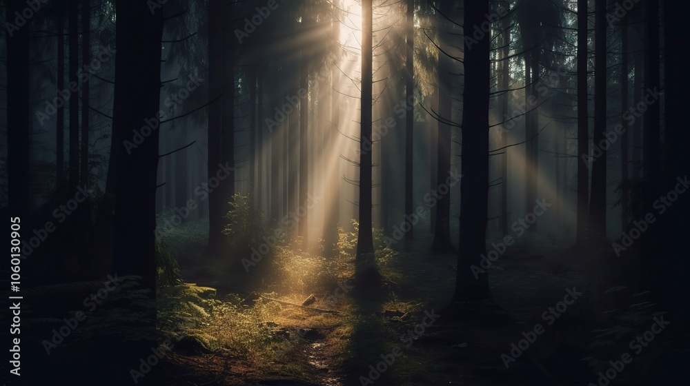 Fototapeta premium Sunlight Rays Through Mysterious Dark Forest