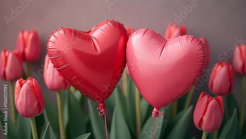 Balloon hearts in pink color on a background of tulip flowers. Valentine's Day Celebration
