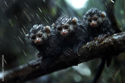 Fluffy pygmy marmosets is perching on tree branch. Portrait of one of world's smallest monkeys.