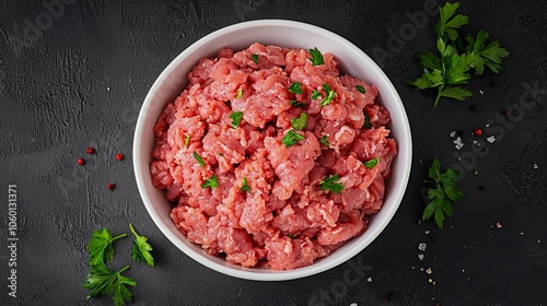 Ground beef top view with fresh meat fibers and rich red tones, highlighting natural texture, food advertising photo