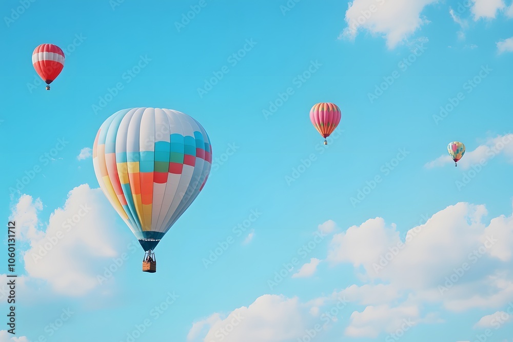 Obraz premium Colorful hot air balloons drift gracefully across a clear blue sky with fluffy clouds
