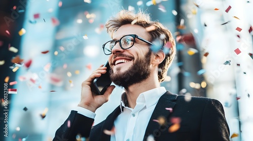 Businessman Talking on Phone with Confetti Falling on New Year s Eve photo