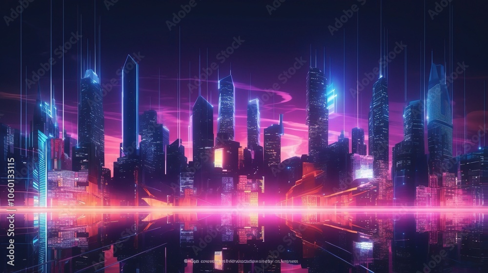 Fototapeta premium Futuristic Cityscape with Neon Lights Reflection